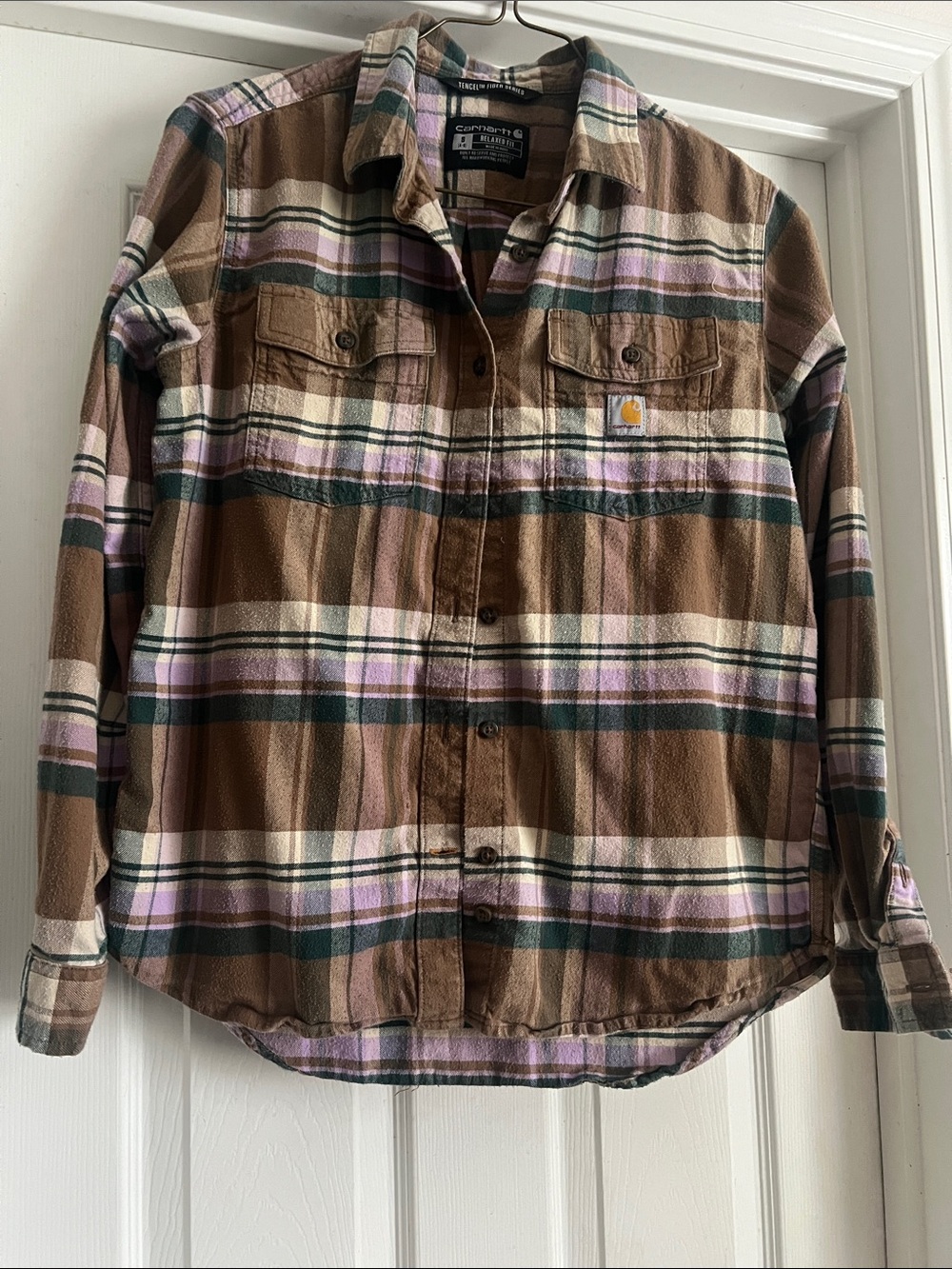 Carhartt Brown Plaid Button-Down Flannel Shirt with Pink and Cream Stripes